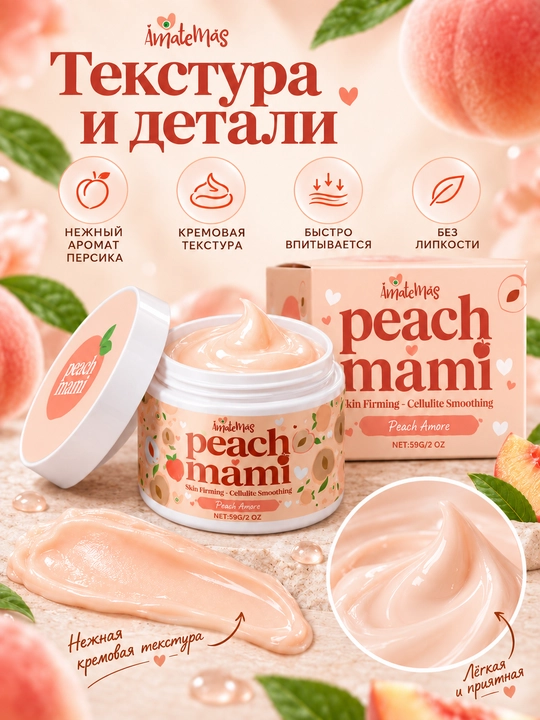 AmateMas Peach Mami shaftoli iforli tana uchun taranglashtiruvchi krem, sellyulitga qarshi