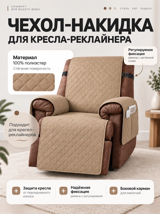Reklayner kreslosi uchun cho‘ntak va kamar bilan yig‘ilgan yopinchiq-g‘ilof - 