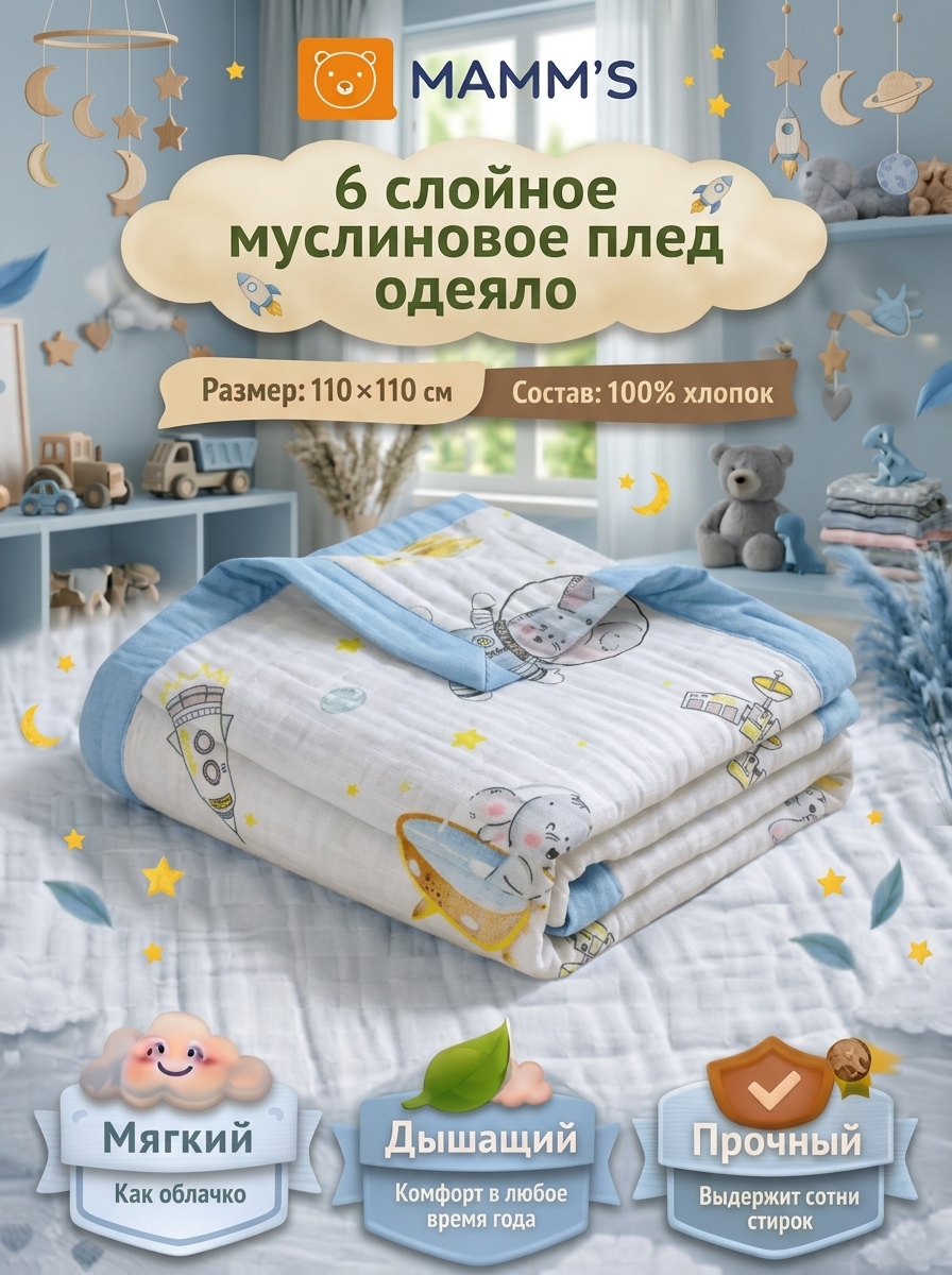 Детский муслиновый плед-одеяло, шесть слоев, 110 x 110 см - 