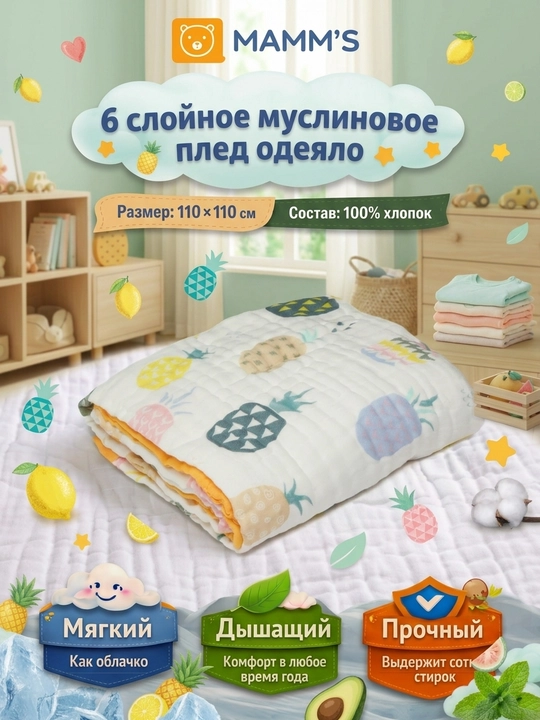 Детский муслиновый плед-одеяло, шесть слоев, 110 x 110 см - 