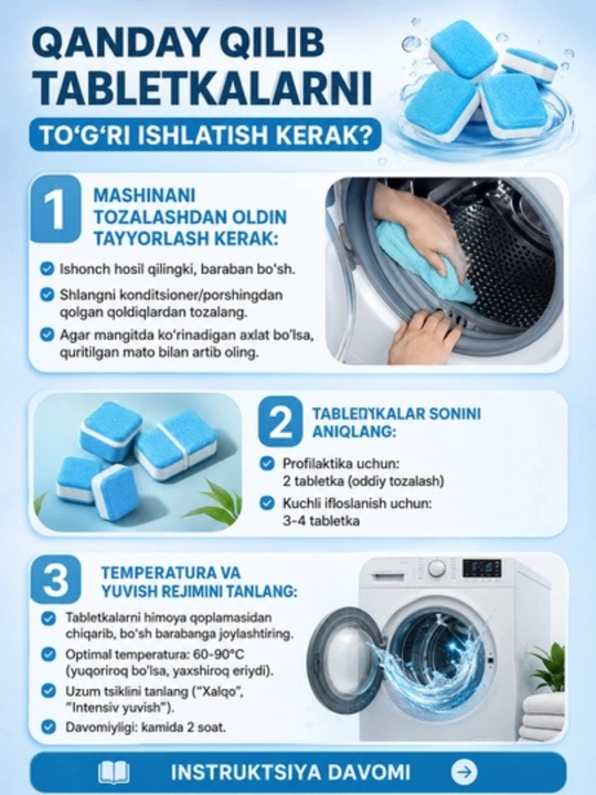 Kir yuvish mashina barabanini tozalash uchun tabletkalar