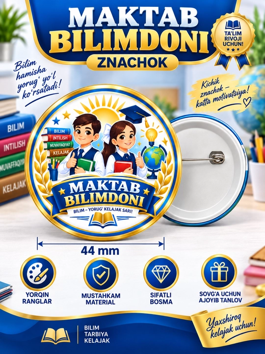 Ko'krak nishonlari maktablar uchun Znachok razmeri 44 mm - 