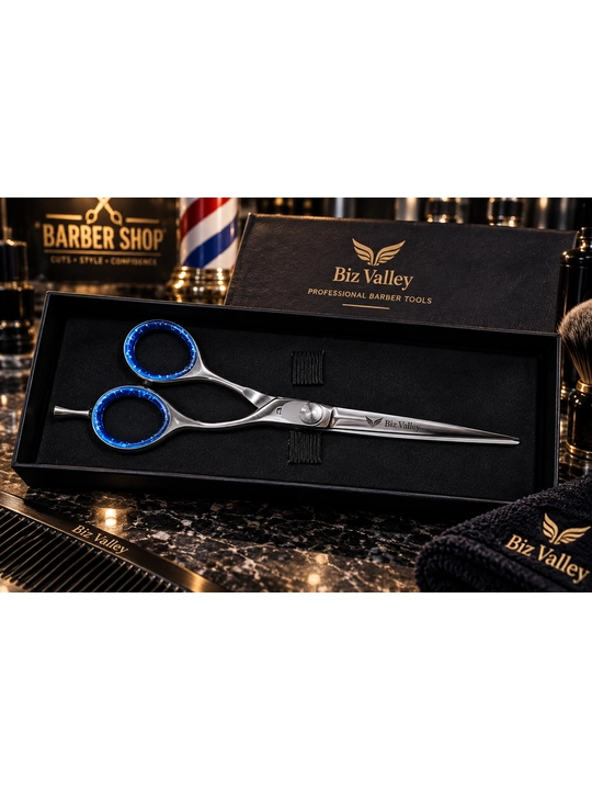 Biz Valley Professional sartaroshlik qaychisi, premium, kumush-ko‘k, keys bilan