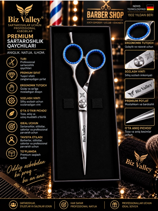 Biz Valley Professional sartaroshlik qaychisi, premium, kumush-ko‘k, keys bilan