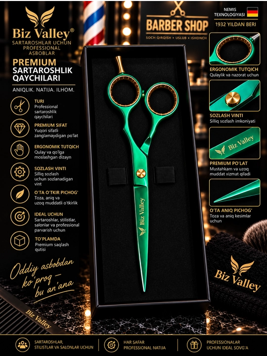 Biz Valley Professional sartaroshlik qaychisi, premium, yashil-oltin, keys bilan
