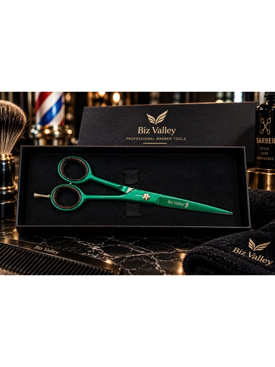 Biz Valley Professional sartaroshlik qaychisi, premium, yashil-oltin, keys bilan