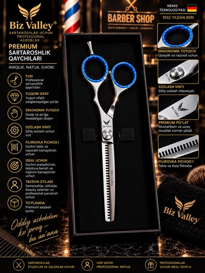 Biz Valley Professional filirovka qaychisi, premium, kumush-ko‘k, keys bilan