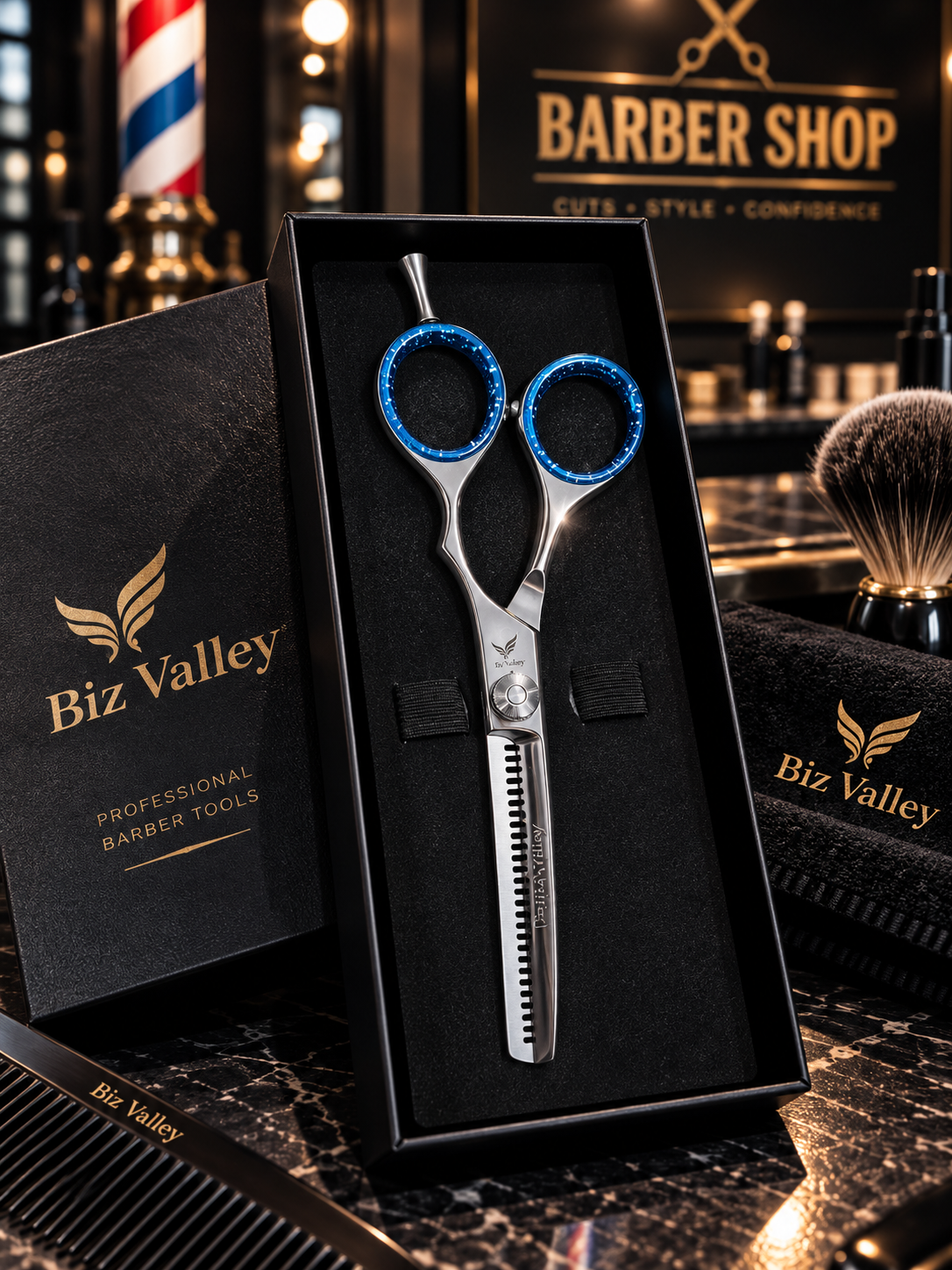 Филировочные ножницы Biz Valley Professional, премиум, серебристо-синие, с футляром - 