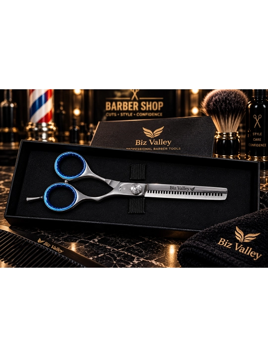 Biz Valley Professional filirovka qaychisi, premium, kumush-ko‘k, keys bilan
