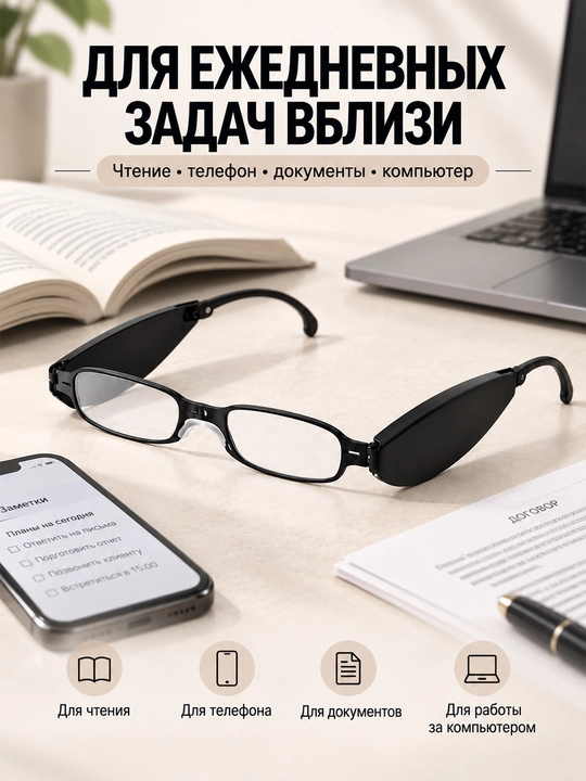 Ko‘rish va o‘qish uchun yig‘iladigan ko‘zoynak +1,5 dan +4 gacha dioptriyali