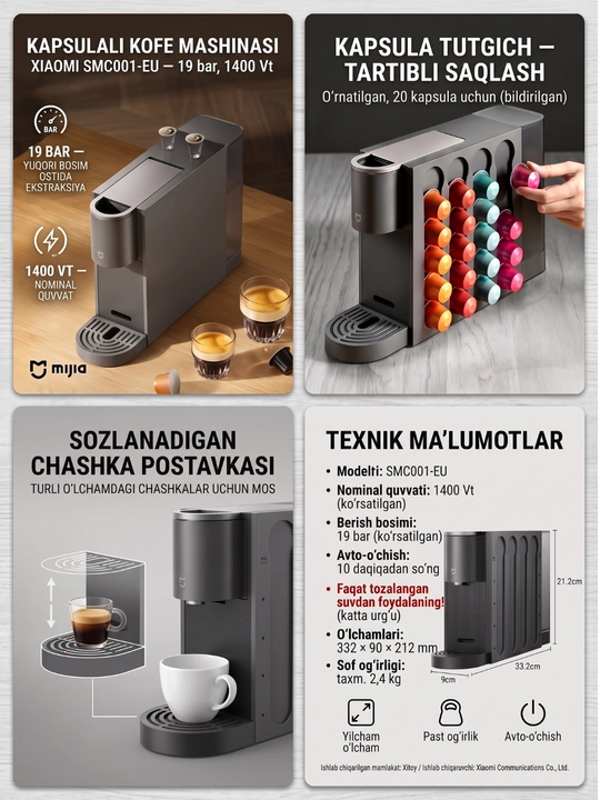 Xiaomi kapsulali qahva mashinasi - 19 Bar bosimli espresso, quvvati 1400 Vt