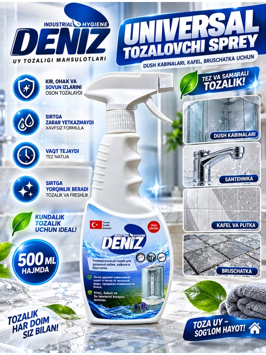 Universal tozalovchi sprey Deniz 500 ml, dush kabina, kafel va santehnika tozalash vositas - 