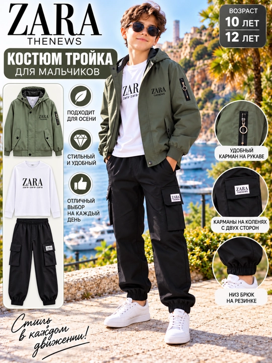 O'g'il bolalar sport kostyumi, 3 qismli  ZARA bolalar sport kostyumi, kuz va bahorga mos