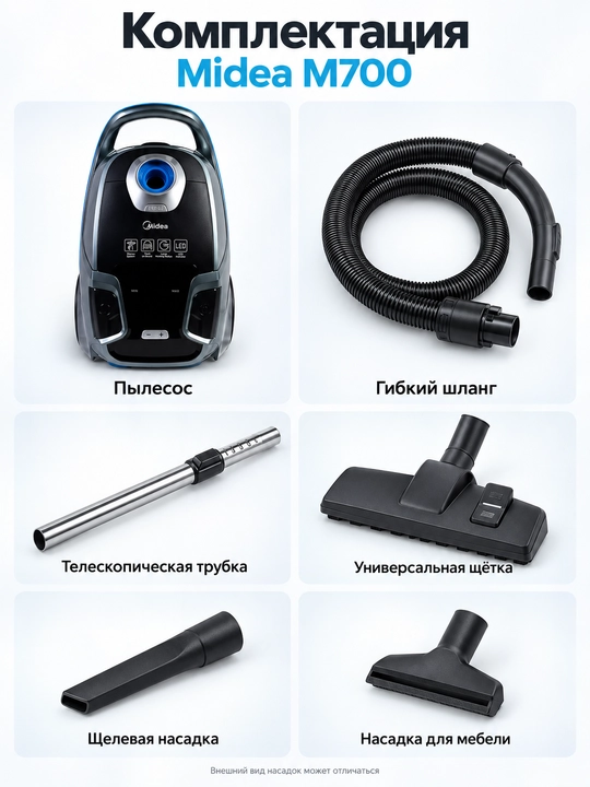 Midea M700 changyutgich, 2200 Vt, 6 l chang qopi, quruq tozalash uchun, 7 m sim