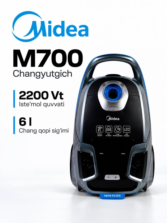 Midea M700 changyutgich, 2200 Vt, 6 l chang qopi, quruq tozalash uchun, 7 m sim - 