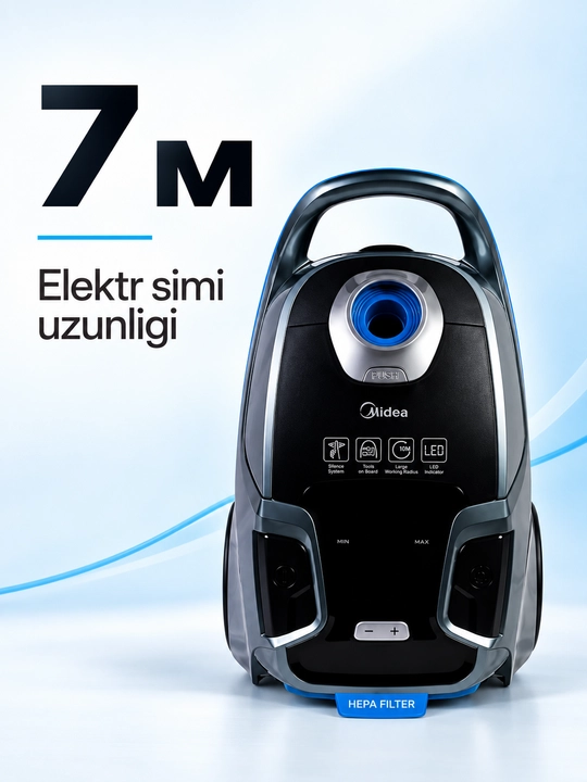 Midea M700 changyutgich, 2200 Vt, 6 l chang qopi, quruq tozalash uchun, 7 m sim