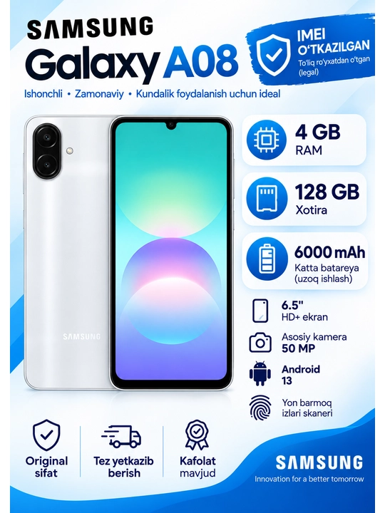 Samsung Galaxy A08 4/128GB, Dual SIM, 4G LTE, zamonaviy smartfon - 