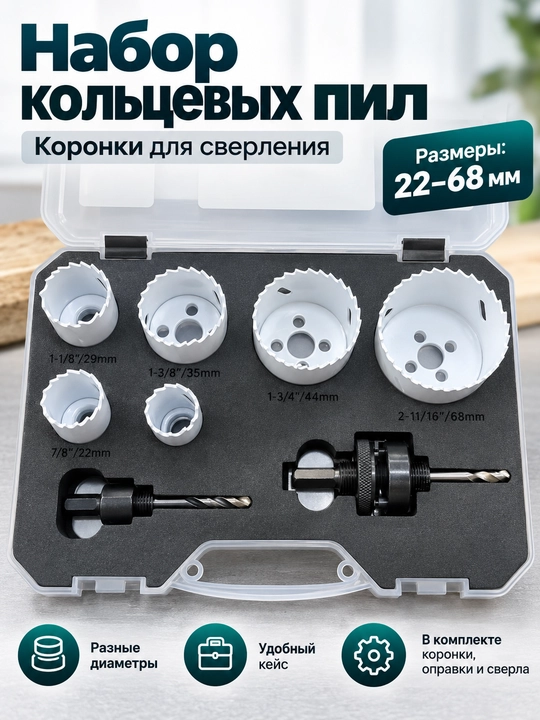 Набор коронок FERRO Bi-Metal 8 предметов, 22–68 мм, M42 8% Co - 