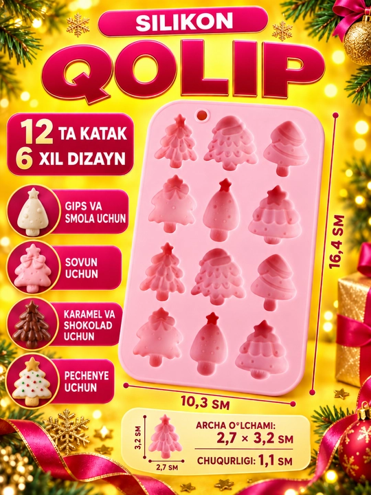Yangi yil o‘yinchoqlari uchun silikon qoliplar, smola, gips, shamlar, yangi yil qoliplari