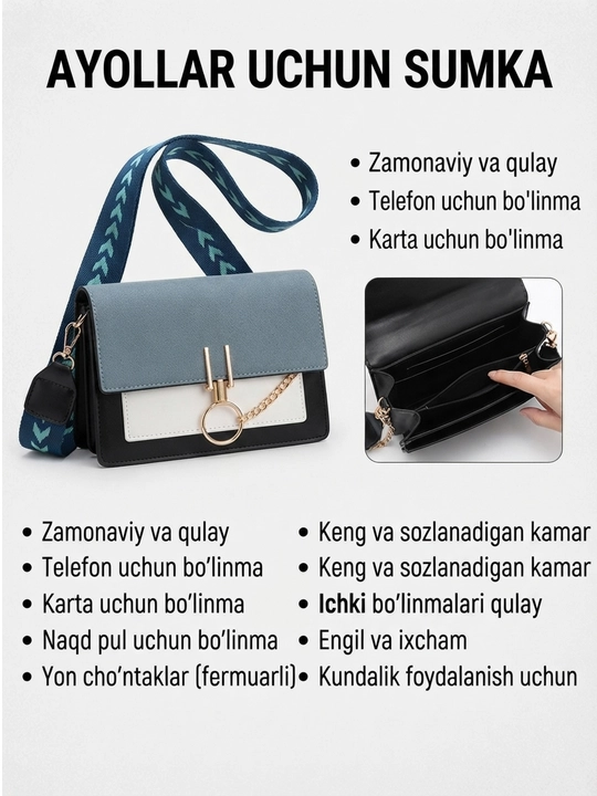 Ayollar uchun zamonaviy hamyon-sumka, telefon uchun mini sumka, qo‘l tasmasi bilan