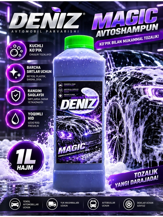 Avtoshampun Deniz Magic 1L, avtomobil yuvish kopikli vosita, kuzov va disk tozalagich - 