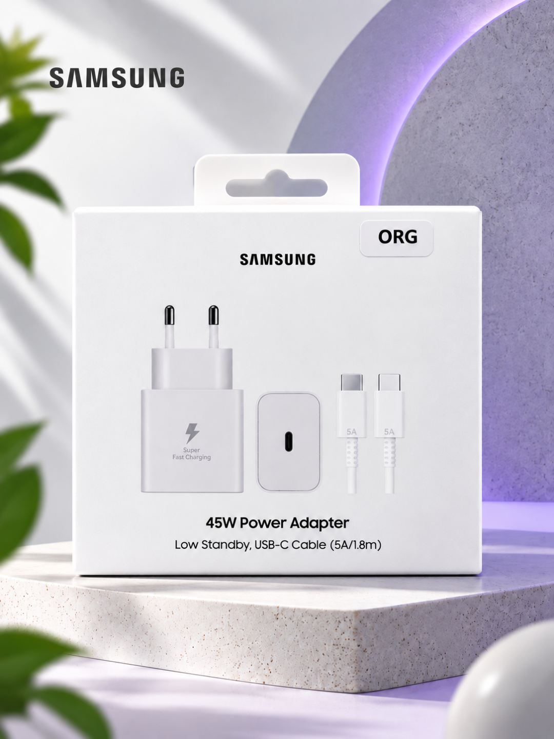 Samsung 45W PD adapter, USB-C tezkor zaryadlovchi, kabel bilan - 