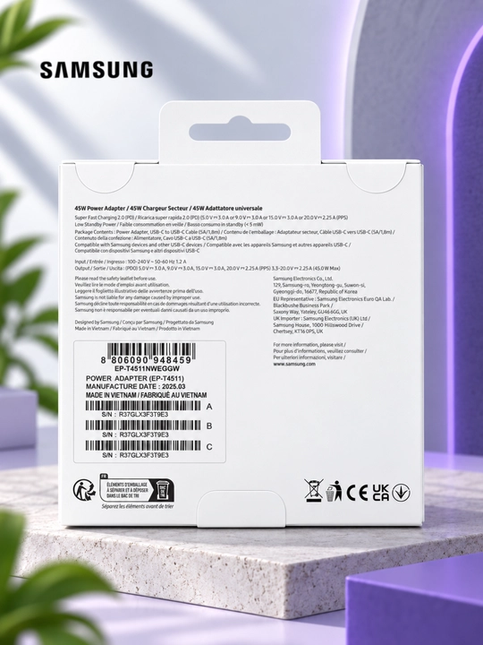 Samsung 45W PD adapter, USB-C tezkor zaryadlovchi, kabel bilan