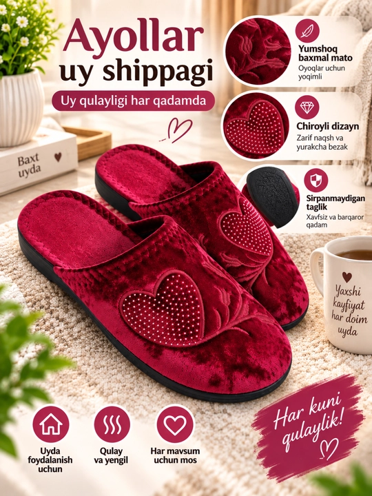 Ayollar uy shippaklari, yumshoq, qulay, issiq, baxmaldan, kundalik foydalanish uchun - 
