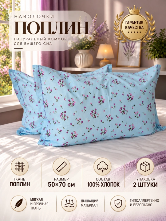 Наволочки 50 * 70, ткань ПОПЛИН, 100% хлопок, 2 штук, чехлы на подушки - 