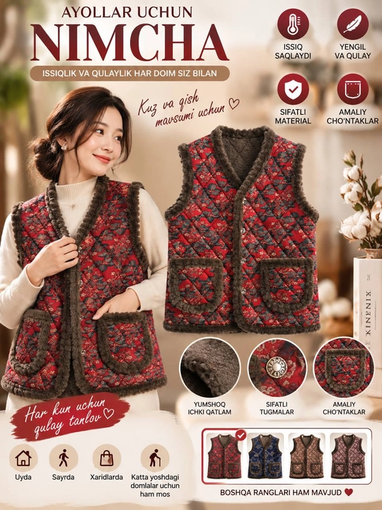 Jemperlar, ayollar yengsiz ko‘ylagi, qizlar uchun yengsiz ko‘ylagi, kardiganlar, sviterlar, jiletlar