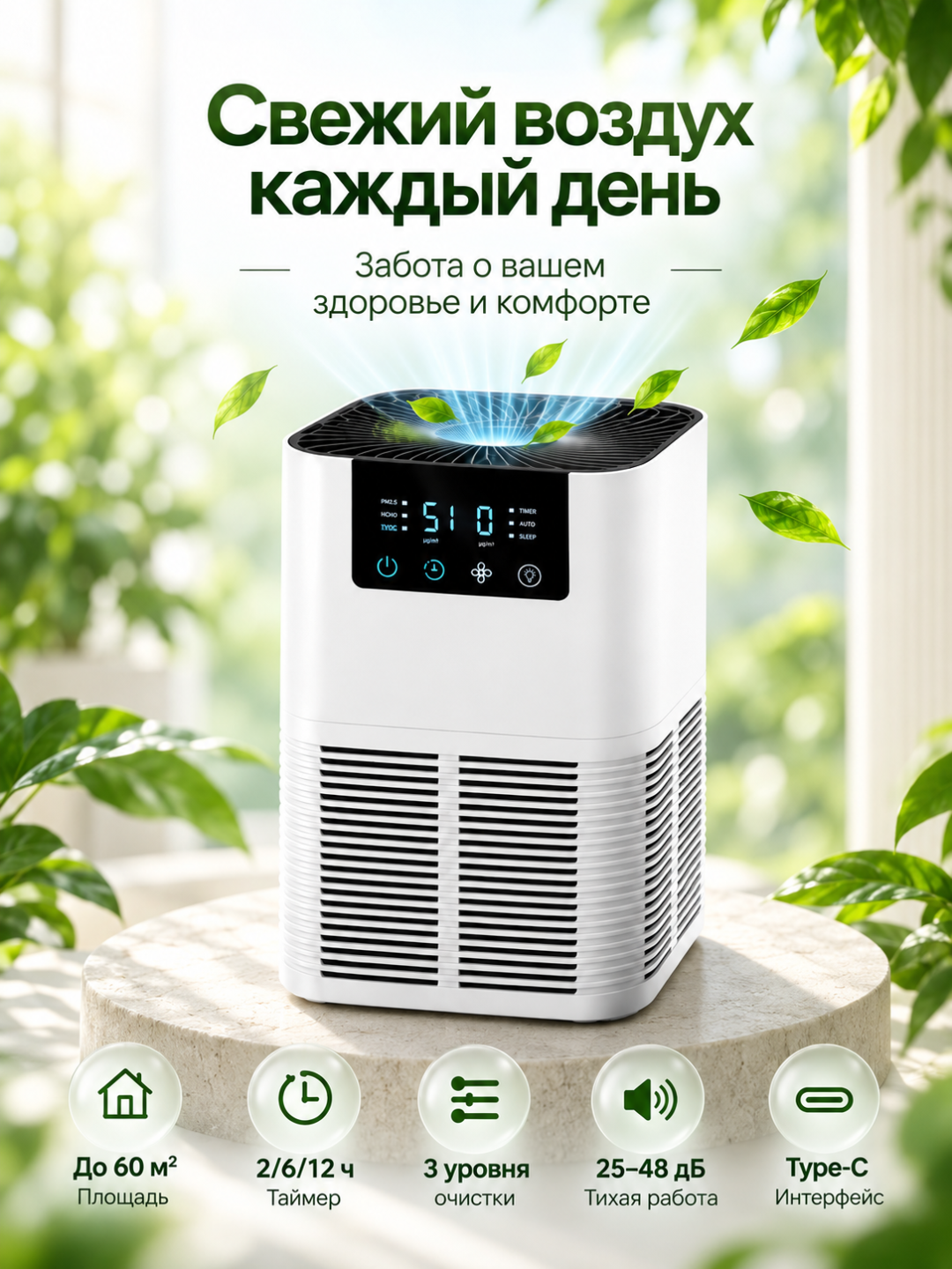 Очиститель воздуха для дома до 60 м², 3 уровня очистки, таймер, тихая работа - 