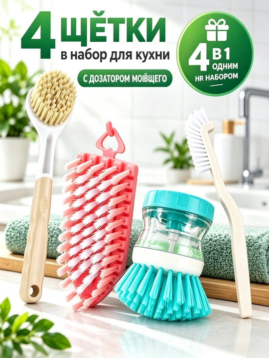 Щётка для мытья кастрюль и посуды, набор 4 шт с дозатором