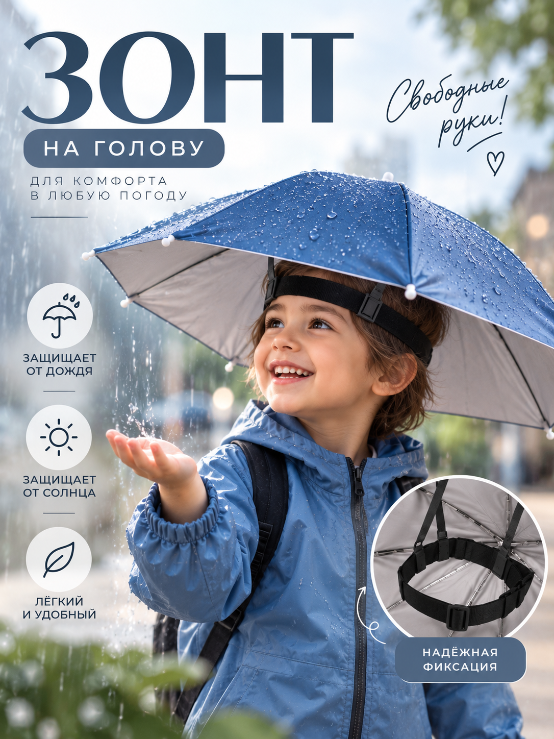 Зонт на голову от дождя и солнца, лёгкий, с надёжной фиксацией - 