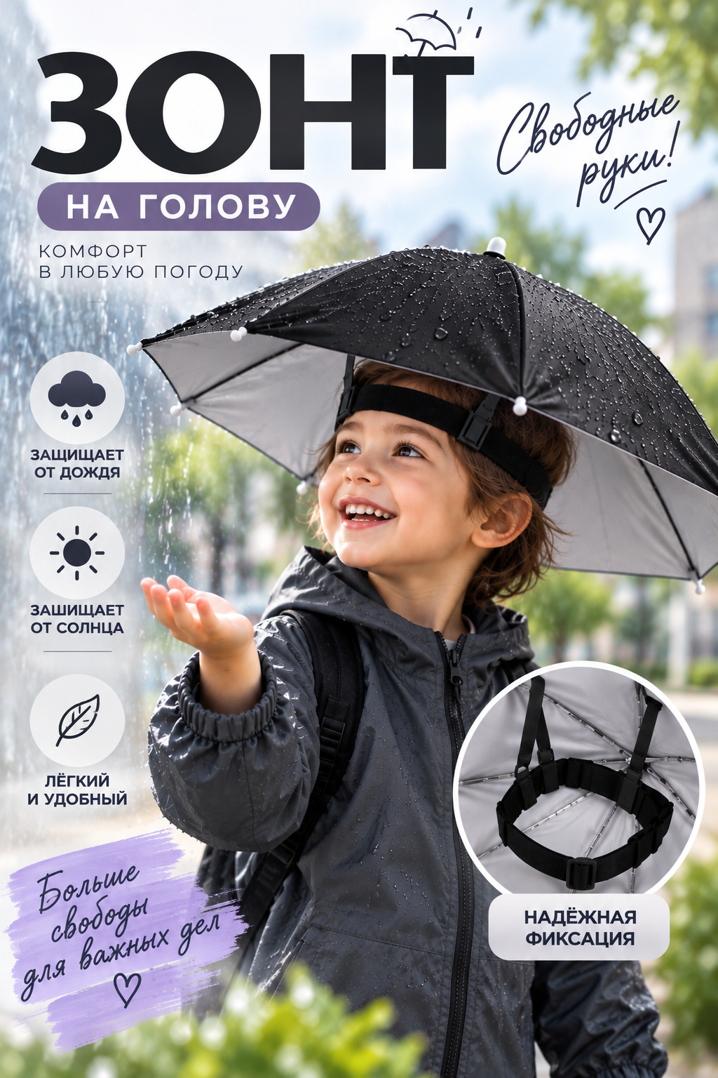 Зонт на голову от дождя и солнца, лёгкий, с надёжной фиксацией - 