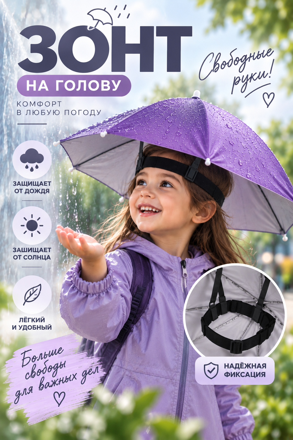 Зонт на голову от дождя и солнца, лёгкий, с надёжной фиксацией - 