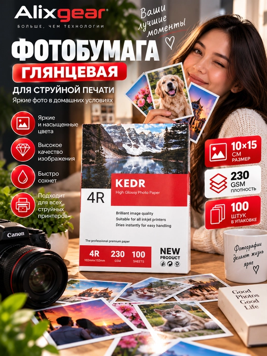 Yaltiroq foto qog‘oz 10×15 sm, 230 g/m², 100 dona, siyohpurkagich printer uchun - 
