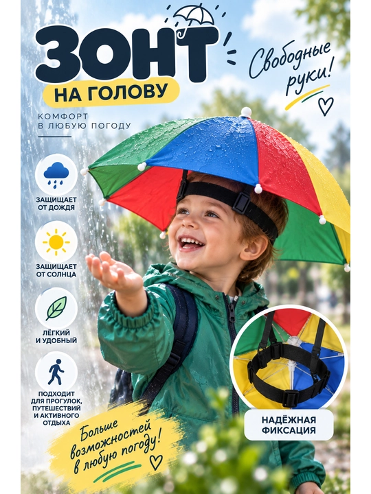 Зонт на голову от дождя и солнца, лёгкий, с надёжной фиксацией - 