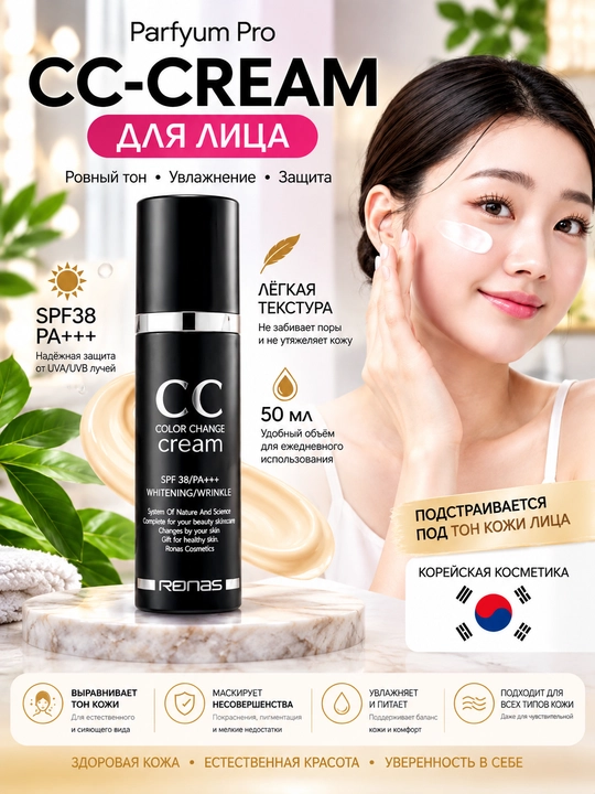 CC крем, солнцезащитный, дающий естественный цвет SPF, закрывает дефекты на лице - 