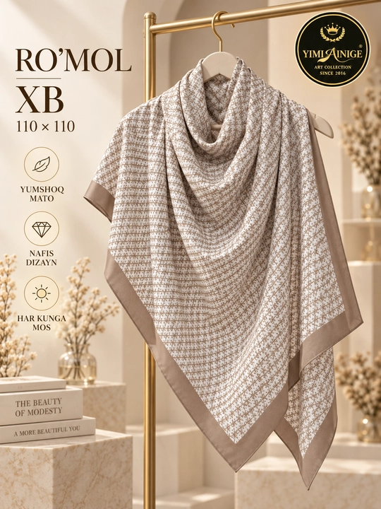 Ayollar uchun XB ro‘mol 110×110 sm, Dior uslubidagi monogram naqshli bosh ro‘mol