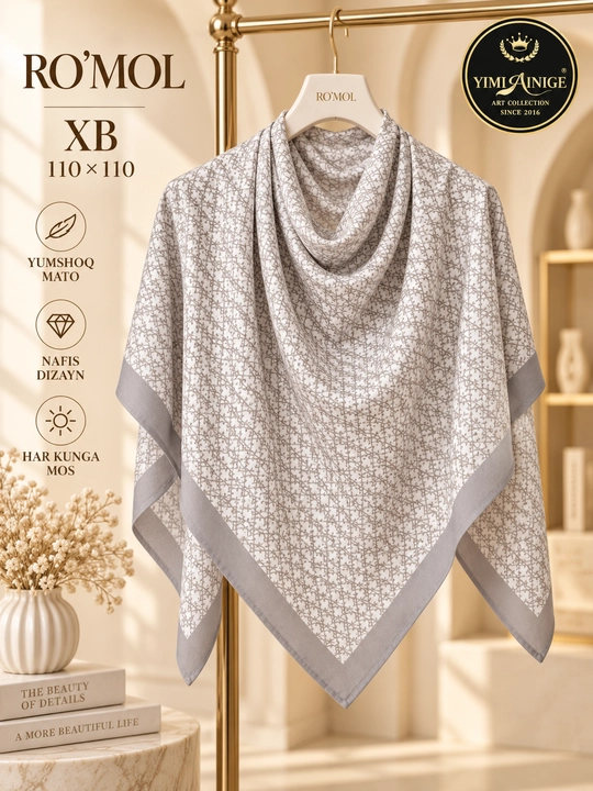 Ayollar uchun XB ro‘mol 110×110 sm, Dior uslubidagi monogram naqshli bosh ro‘mol