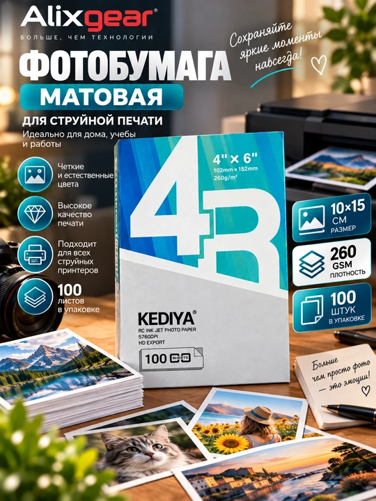 Matte foto qog‘oz 10×15 sm, 260 g/m², 100 dona, siyohpurkagich printer uchun