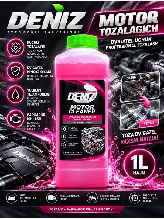 Dvigatel tozalagich Deniz Motor Cleaner 1L, avto dvigatelini moydan tozalash uchun sprey - 