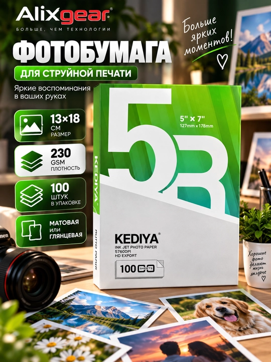 Фотобумага 13×18 см, 230 г/м², 100 листов, матовая или глянцевая, для струйных принтеров