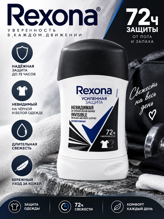 Rexona Invisible antiperspirant-stik 72 soat, ter va hidga qarshi himoya, qora kiyim uchun - 