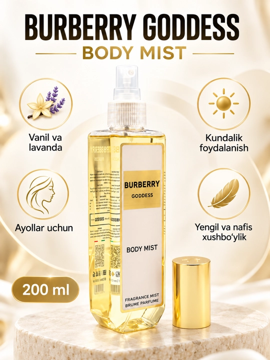 Burberry Goddess Body Mist ayollar uchun xushbo‘y tana spreyi, vanil va lavanda, 200 ml - 