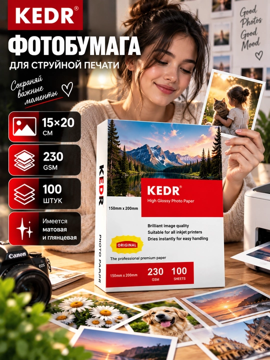 Фотобумага 15×20 см, 230 г/м², 100 листов, матовая или глянцевая, для струйных принтеров - 
