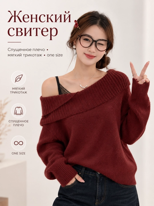 Ayollar uchun yelkasi ochiq yumshoq trikotaj sviter, oversize, One Size - 