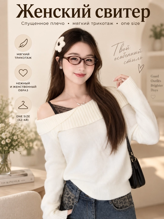 Ayollar uchun yelkasi ochiq yumshoq trikotaj sviter, oversize, One Size - 