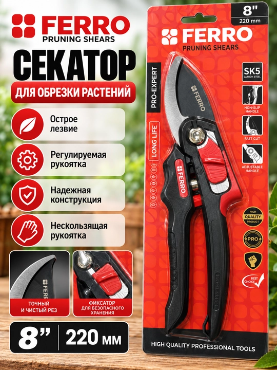 Секатор FERRО Pro-Expert для обрезки растений, садовые ножницы, 205–275 мм - 