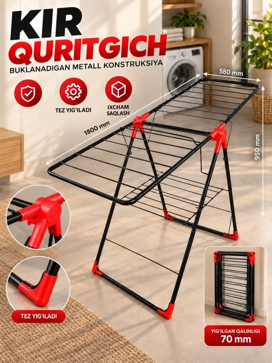 Buklanadigan metall kir quritgich, 180×58×95 sm, kiyimlar uchun - 